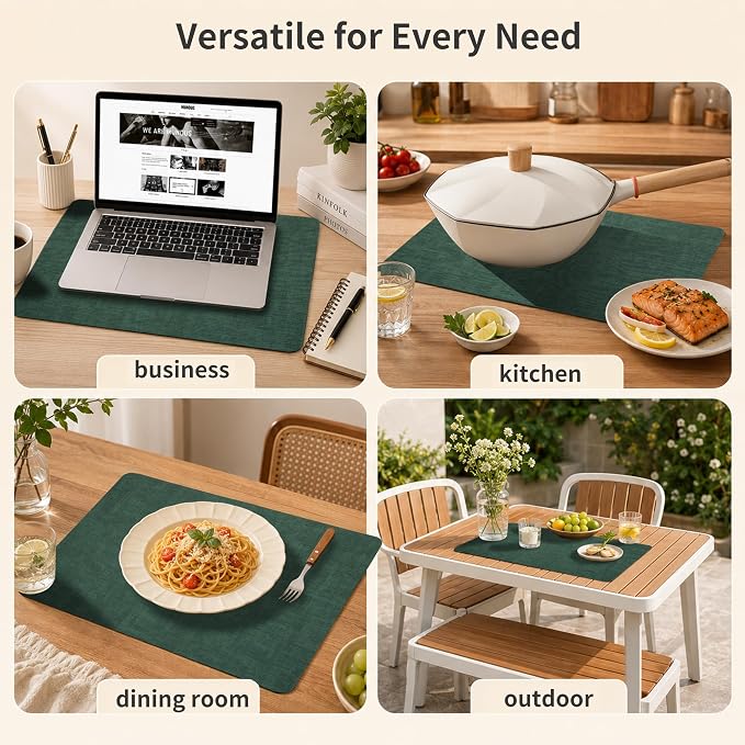 Maxpearl Faux Leather Placemats Set of 4, Easy to Clean, Dark Green | Waterproof - Heat Resistant - Non Slip - Wipe Clean Dining Table Place Mats, Suitable for Indoor & Outdoor Use, 17''×12''