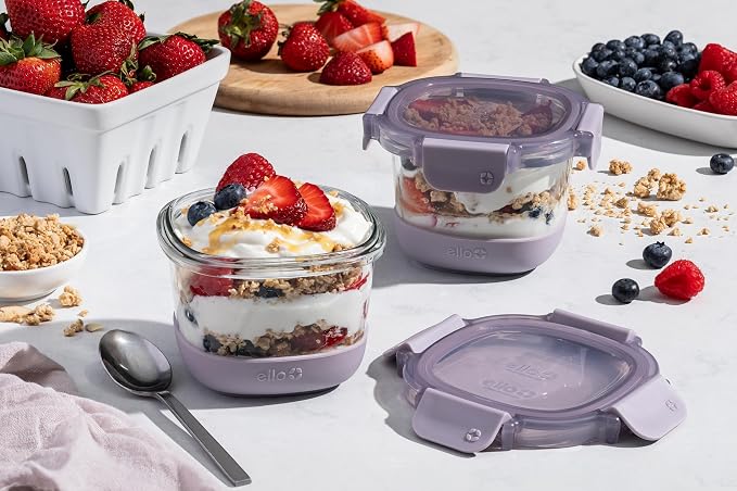 Ello Duraglass Refresh 2 Cup Meal Prep Sets 4Pc, 2 Pack - Glass Food Storage Container with Silicone Boot and Airtight BPA-Free Plastic Lids, Dishwasher, Microwave and Freezer Safe, Dusty Lavender