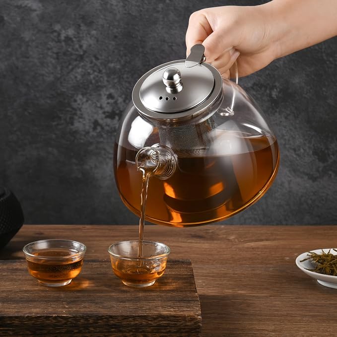 Ehugos Glass Teapot with Removable Infuser, 1300ml/44 oz Stovetop Safe Hand Crafted Clear tea kettle for Loose Leaf Tea, Hot/Iced Water, Juice Beverage