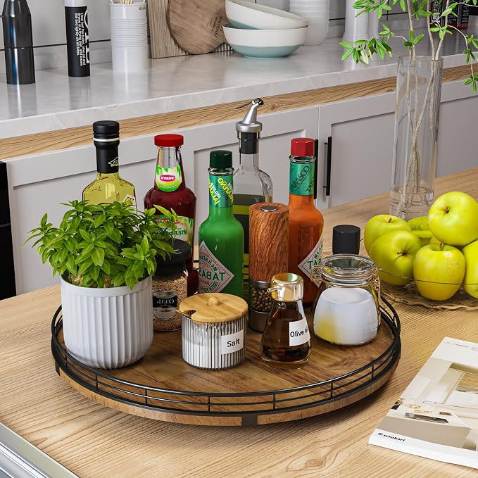 AMH 16-Inch Farmhouse Oak Lazy Susan Organizer, Walnut Finish | Smooth rotating oak tray with walnut finish for dining tables, kitchen counters, pantries and cabinet storage.