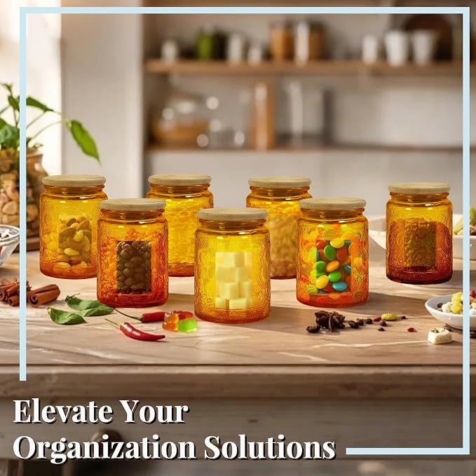 8 oz Decorative Small Glass Jars with Airtight Bamboo Lids, Orange 6 Pack | Vintage embossed color coated containers, kitchen pantry bathroom organization & decor, spices, DIY gifts, candle making