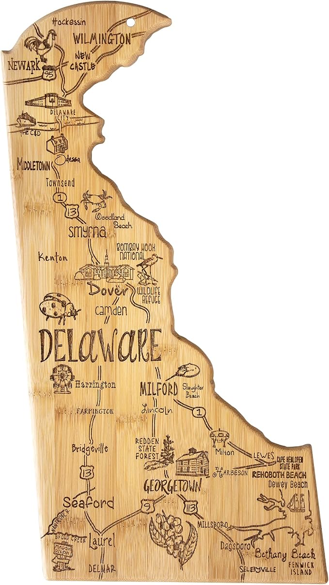 Totally Bamboo Destination Delaware State Shaped Cutting Board | State charcuterie serving board with engraved map artwork. Smooth reverse side for food prep. Hang tie for wall display.