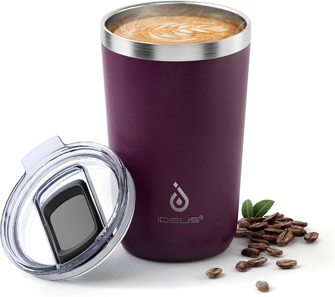 Ideus 20 oz Tumbler, Travel Coffee Mug with Splash Proof Sliding Lid, Double Wall Stainless Steel Vacuum Insulated Coffee Mug for Home and Office, Keep Beverages Hot or Cold, Red Violet
