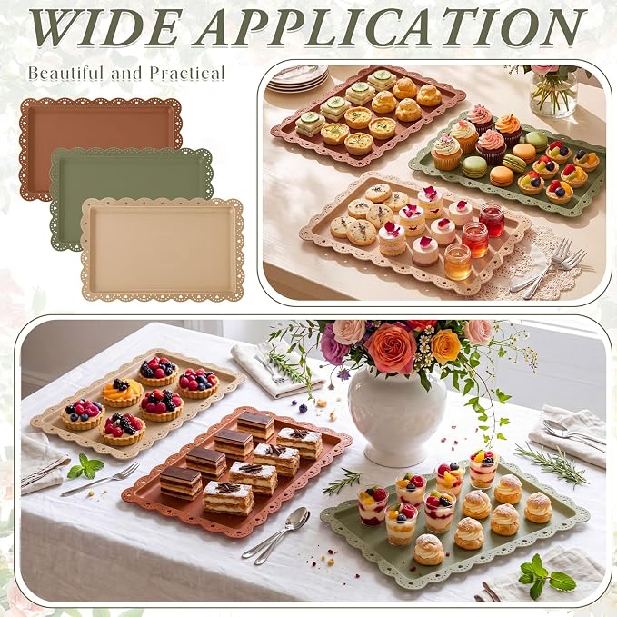 6 Pcs Brown and Sage Green Serving Trays Plastic Platters Dessert Cupcake Holder Party Supplies 14.4 x 9.3 Inches Rectangular Cookie Snack Display Tray for Wedding Restaurant