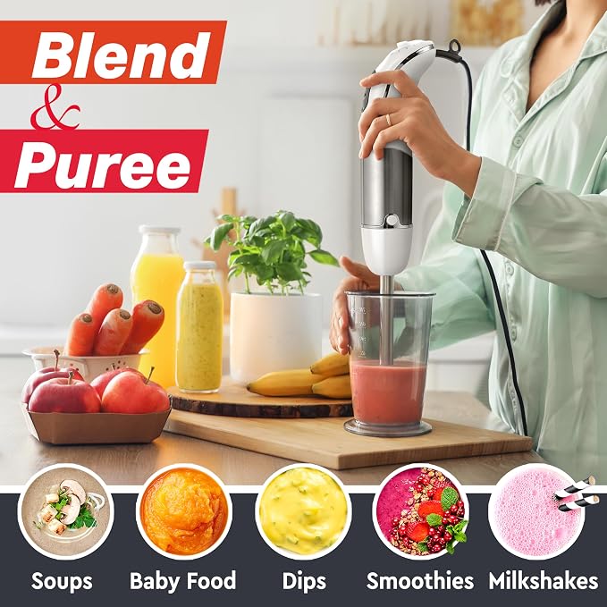 Mueller Multistick 5-in-1 Immersion Blender Handheld, 12-Speed Hand Mixer | Turbo Boost, Heaviest Duty Copper Motor, Titanium Blades Hand Blender, Milk Frother Wand, Whisk, Beaker, Chopper, White