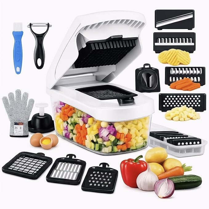 18-in-1 Vegetable Chopper Set, Food Dicer & Mandoline Slicer with Container, Onion Cutter, Stainless Steel Blades, BPA-Free, Dishwasher Safe Kitchen Vegetable Cutter