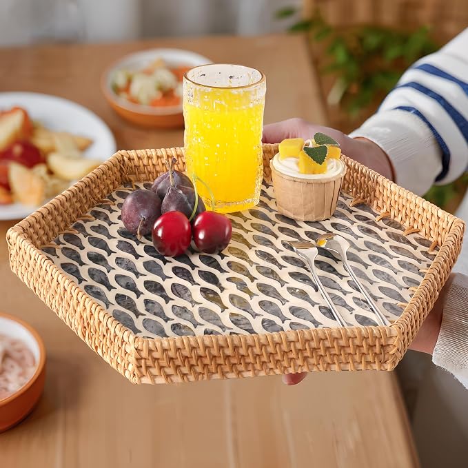 Hexagon Rattan Tray with Mother of Pearl Inlay, Rattan Serving Tray for Coffee, Bread, Fruits, Snacks, Decorative Wicker Tray for Table Decor, Home Decor (Black Fish, 14.5"×12.8")