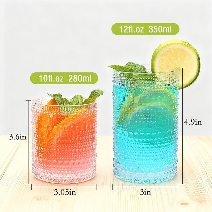 Hobnail Drinking Glasses, Tumbler Glassware, Set of 12 | 10 oz Cocktail Glasses & 12 oz Highball Glasses, Glass Cups for Whiskey, Juice, Home, Bar & Kitchen, Dishwasher Safe