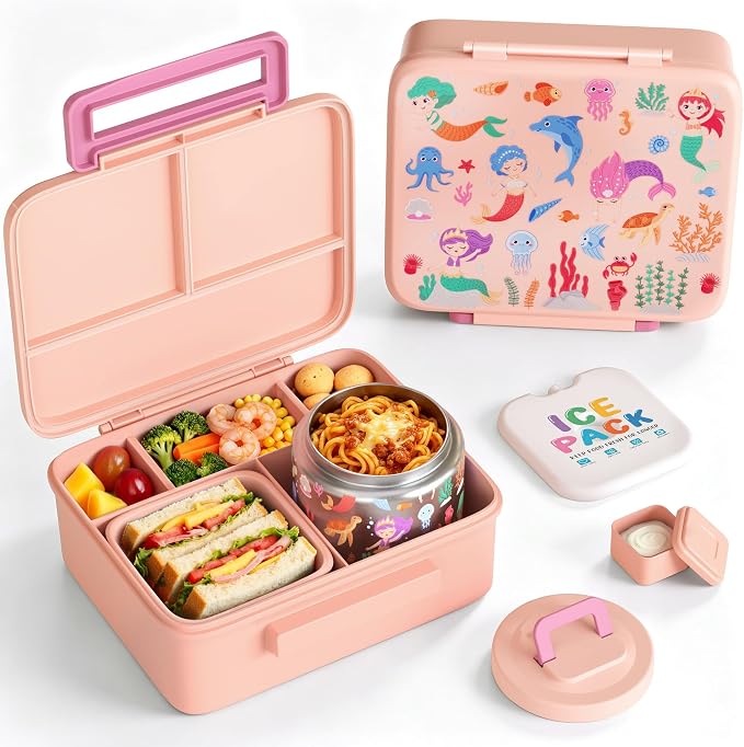 Kids Lunch Bento Box with 8oz Thermo/Ice Pack, BPA-Free, for School | Leak-proof Food Containers with 5 Compartment, Insulated Food Jar, Dishwasher Safe, Easy to Clean, Lunch Box for Girls Boys