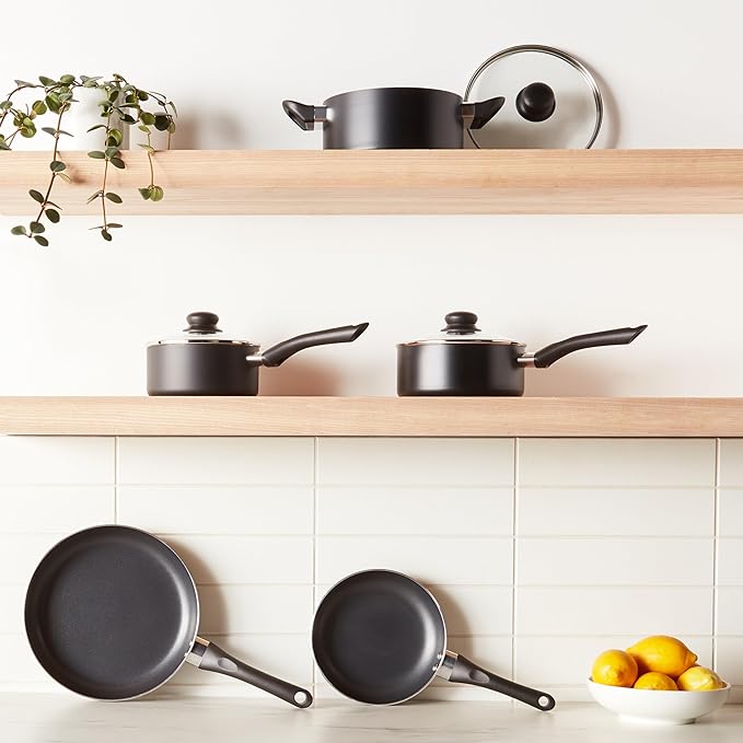 Amazon Basics Non-Stick Kitchen Cookware 8-Piece Set, Non-Induction, Includes Pots and Pans, Black