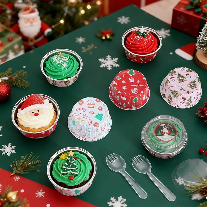 100Pack Mixcolor Christmas Cupcake Liners, 5oz Mini Cake Pans with Lids Xmas Aluminum Cups Disposable Ramekins Muffin Tins Containers for Gift Holiday Birthday Party Cake Baking Stackable Portable