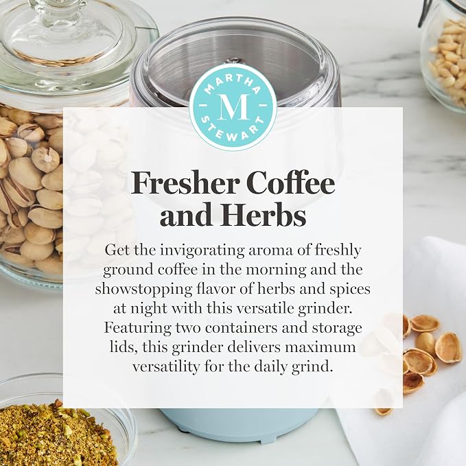 Martha Stewart Electric Coffee & Spice Grinder with Dual Bowls, Sky Blue | Dual 2.5oz Removable Bowls for Coffee Beans, Nuts, Herbs & Spices, Stainless Steel Blade, One-Touch Pulse Control, Easy Clean