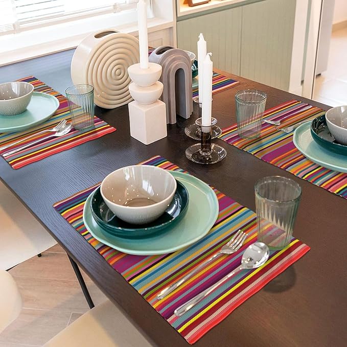 Bright Colorful Striped Placemats Set of 6, 12x18 Inch Rainbow Colored Geometric Pattern Table Mats for Holiday Party Kitchen Dining Room Decoration