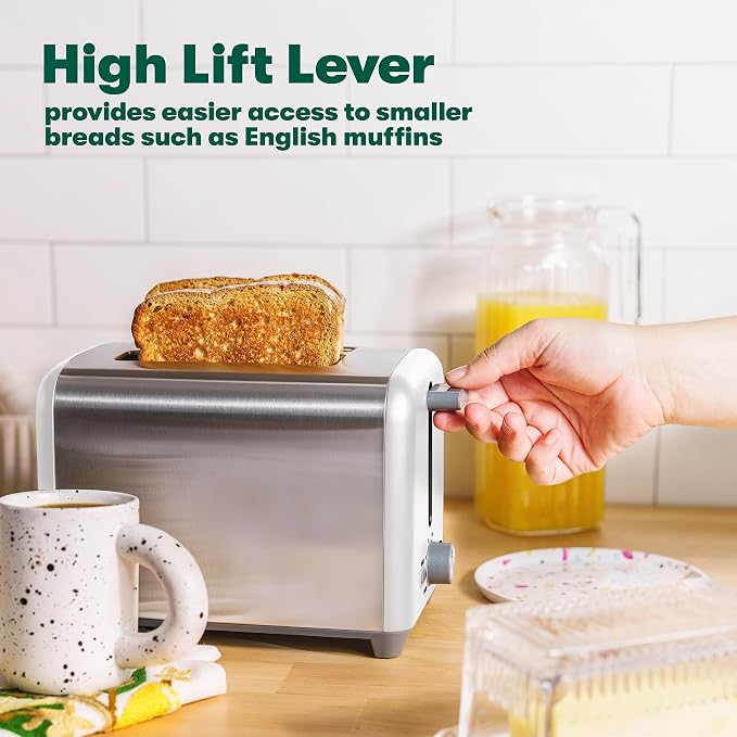 BELLA 2 Slice Toaster, Quick & Even Results Every Time, Wide Slots Fit Any Size Bread Like Bagels or Texas Toast, Drop-Down Crumb Tray for Easy Clean Up, Stainless Steel and White