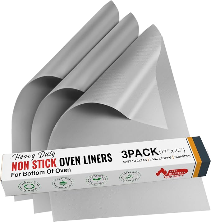 Oven Liners for Bottom of Oven - 17"x 25" Large Heavy Duty Non-Stick 3 Pack | Resistant to 500°F, BPA & PFOA Free, Reusable, Fits Electric, Gas, Toaster, Microwave Ovens & Grills, Spill Guard, Silver