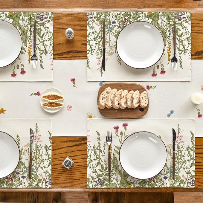 Artoid Mode Antique Herbs and Wild Flowers Spring Placemats Set of 2, 12x18 Inch Seasonal Summer Table Mats for Party Kitchen Dining Decoration