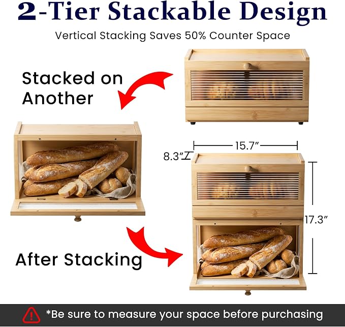 Stackable Bread Box for Kitchen Countertop, 2 Tier Bamboo Bread Storage Container Holder Bin for Baked Goods Snacks Farmhouse Breadbox with Acrylic Window for Pantry Cabinet Cupboard, Natural
