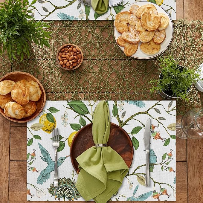 Lemon Tree Blue Bird Flower Placemats Set of 4 Seasonal Washable Linen Cotton Table Mats for Party Kitchen Dining Decoration 12x18 Inch