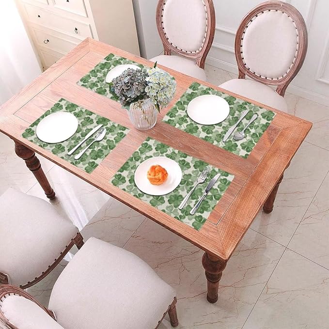 St Patricks Day Placemats Set of 4, Dark Green Clover Shamrock Decorative Table Mat 12 x 18 Inch Heat Resistant Non Slip Line Fabric Place mat for Holiday Party Kitchen Dining Decor