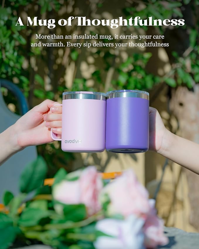 12oz Insulated Coffee Mug with Lid – Includes Two Lids, Stainless Steel Coffee Travel Mug with Handle, Double Wall Vacuum Insulated Camping Mug for Home, Office & Outdoor, Dark Purple