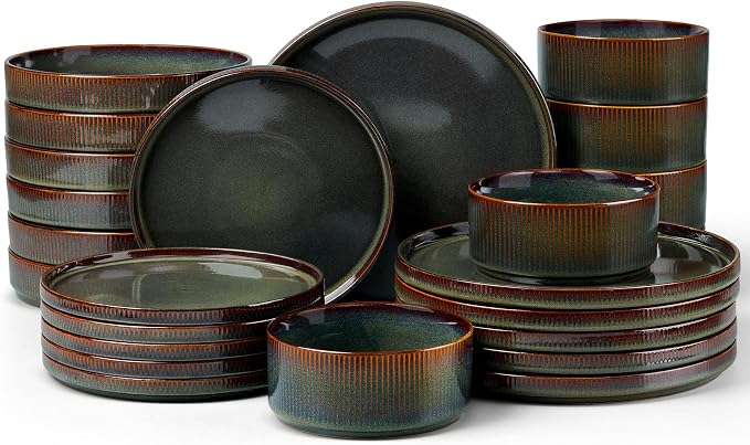 LIANYU Dinnerware Sets with Pasta Bowls, 24 Piece Ribbed Dinnerware Plates and Bowls Set for 6, Elegant Modern Stoneware Dishes Set for Kitchen Dining, Microwave and Dishwasher Safe, Jungle Green