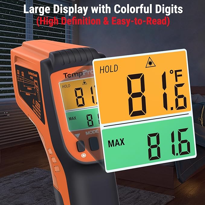 TempPro TempScan Infrared Thermometer Gun with 2 Laser for Pizza Oven Grill | 16:1 D:S Ratio Temperature Gun for Cooking HVAC Engine, Laser Thermometer Gun with Adjustable Emissivity Temp Gun -58℉-1022℉