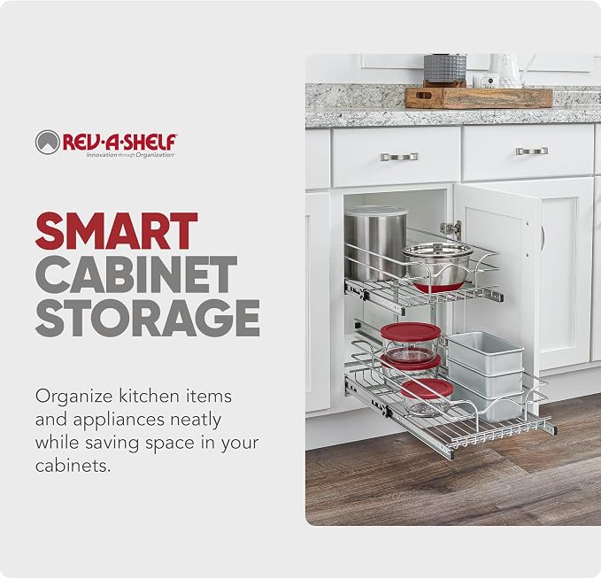 Rev-A-Shelf 2-Tier Pullout Shelf and Drawer Organizer for Kitchen Cabinets, Slide Out Storage Basket, Min Opening Width of 8.5", 9" x 22", 5WB2-0922CR-1