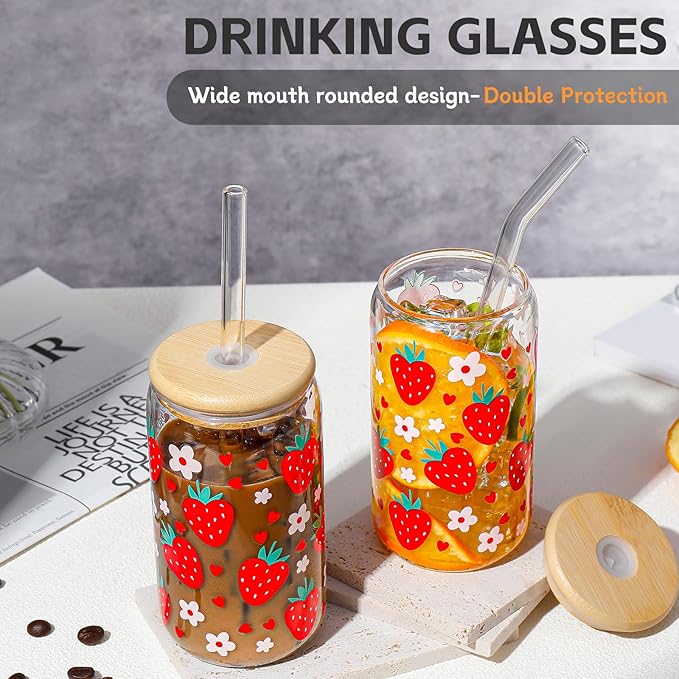 Glass Cups with Lids and Straws with Design Strawberry 4 pcs,Clear Glass Cups 16 oz-DWTS Drinking Glasses Set,Glass Tumbler,Cute Design Glass Iced Coffee Cups with Lids and Straws 480ml