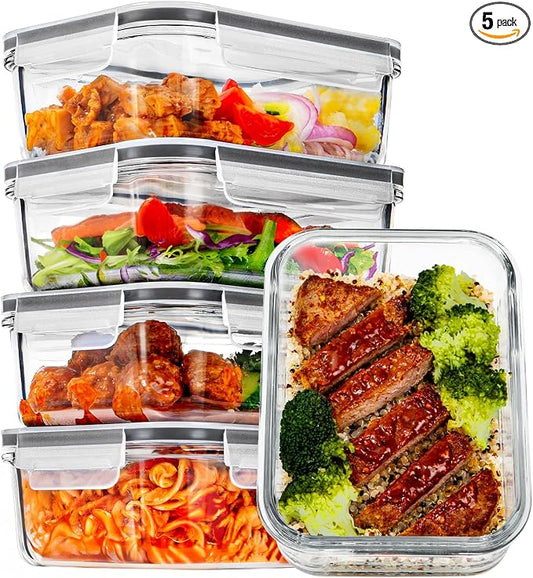 Vtopmart 5Pack 30oz Glass Meal Prep Container Sets with Lids, Grey | Glass Food Storage Containers, Snap Airtight Lid, For Microwave, Oven, Freezer and Dishwasher Safe, BPA Free