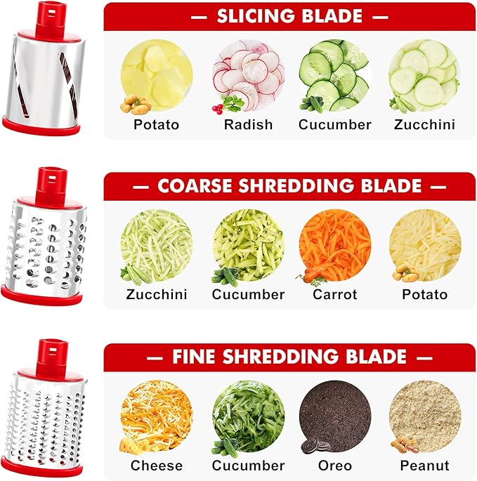 GDL Cheese Grater Hand Crank, Rotary Cheese shredder, Vegetable Slicer | 6 Stainless Steel Blades, 12x Fast Cutting, Non-slip Suction Base, No BPA, Dishwasher Safe, Easy Use for Cheese, Veggies, Nut