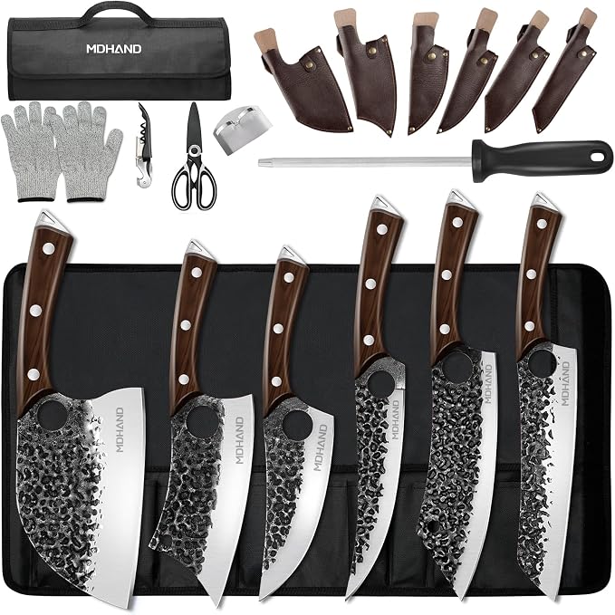 Butcher Knife Set, Serbian Chef Knife Set with Roll Bag Gift for Men | Hand Forged Full Tang 18PCS Kitchen Knife Set, Ebony Handle, High Carbon Steel Meat Cleaver for Brisket Trimming, Camping BBQ