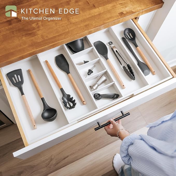 Utensil & Junk Drawer Organizer, 19-33 in, White Bamboo | Food-safe contract grade, 100% sustainable wood, non-slip, adjustable