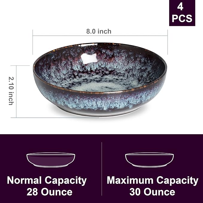 30oz Ceramic bowls set of 4-8" serving bowls for Kitchen,Pasta,Salad-Dishwasher & Microwave Safe Perfect for Housewarming, Thanksgiving, Christmas-Speckled Bluish Purple