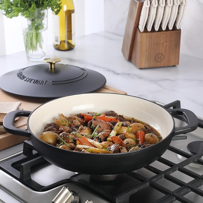 Martha Stewart Gatwick Enameled Cast Iron Braiser with Lid, 3.5-Quart Braiser Pan for Stovetop & Oven, Cast Iron Braising Pan with Gold Knob, Matte Black