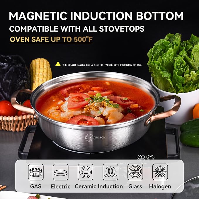LOLYKITCH 3.5-Quart Stainless Steel Kadai with Lid | 11-Inch Hotpot Pot | Tri-Ply Stainless Steel Saute Pan | Everyday Pan | Induction Indian Cooking Pan | Dishwasher and Oven Safe | 2-3 Servings
