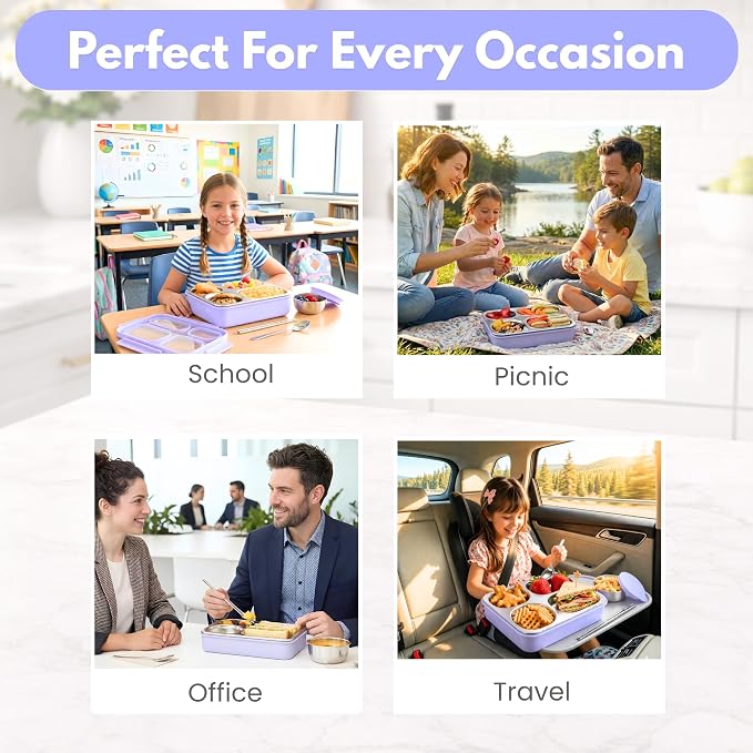 Homaze Kids Adults Stainless Steel Bento Box, 4-Compartment Metal Lunch Box