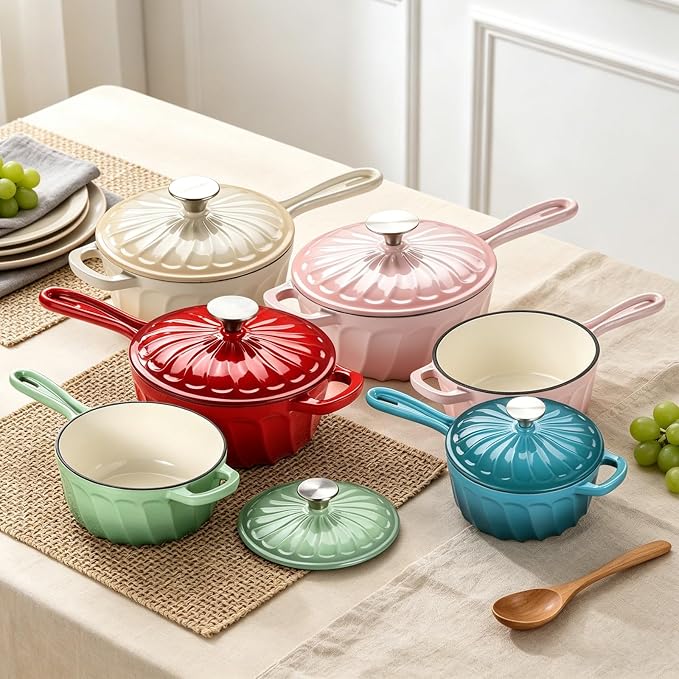 Enameled Cast Iron Sauce Pan with Lid, 1 Quart Saucepan with Lid | Dutch Oven with Lid, Small Cast Iron Pot for Cooking Pasta, Soup, Milk, Induction & Oven Safe Up to 500°F, Pink