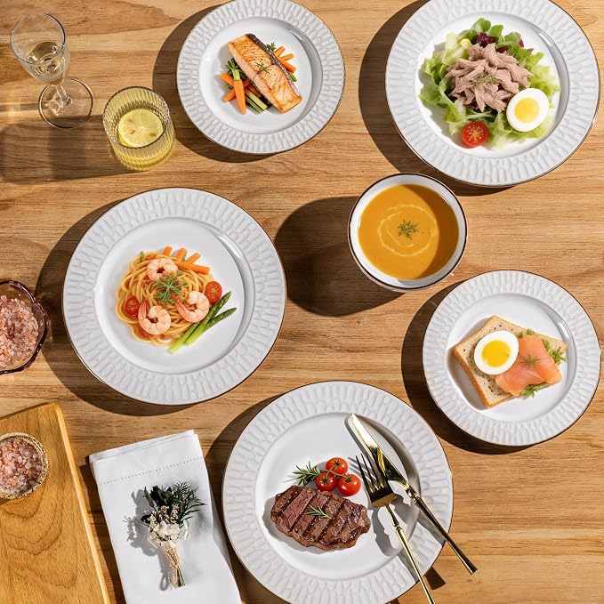 GBHOME Ceramic Dinnerware Sets of 4,12 pcs Plates and Bowls Sets Dishes | Embossed Elegant Stoneware Dishes Set | Dishwasher & Microwave Safe | Service for 4