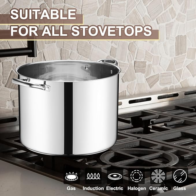 E-far 20 Qt Large Stock Canning Pot, Stainless Steel Stockpot with Lid for Boiling Cooking Soup Stew, Heavy Duty Tri-Ply Bottom Works w/Induction, Commercial Grade & Dishwasher Safe