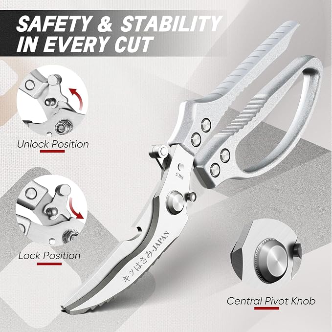 TIVOLI Silver Japanese Kitchen Shears Set for Chicken Bones, Meat & Turkey | Japanese SK5 High-carbon Stainless Steel, Ergonomic Non-Slip Handle, Gift Box, for Chicken Bones, Korean BBQ and Turkey