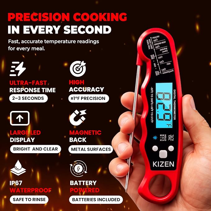 Instant Read Meat Thermometer Digital - Food Thermometer for Cooking, Grill, Oven, BBQ - IP67 Rated Waterproof - Large Backlit Display and Magnetic Back