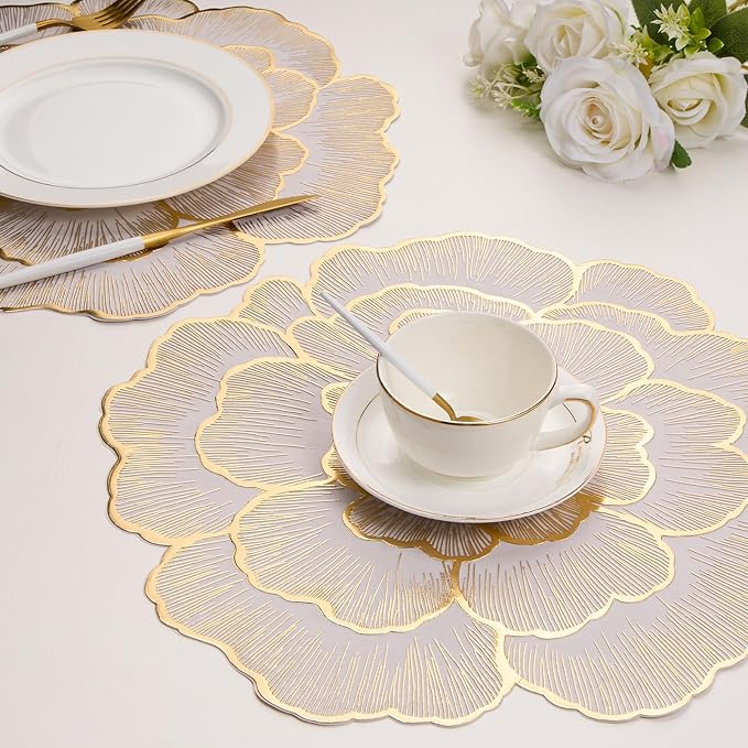 Evevda 15 Inch Gold Floral Shaped Vinyl Placemats for Dinner Table Set of 6 | Plastic Dining Table Mats Non-Silp Waterproof Washable for Wedding Annersary Kitchen Decoration