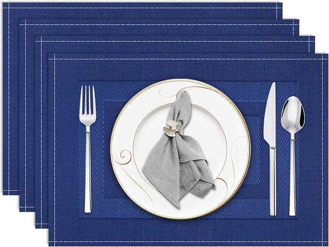 Navy Blue Placemats Set of 4, 12x18 Inch Washable Easy to Clean Heat-Resistant Anti-Skid Grey Placemats for Holiday Party Kitchen Dining Room Decoration