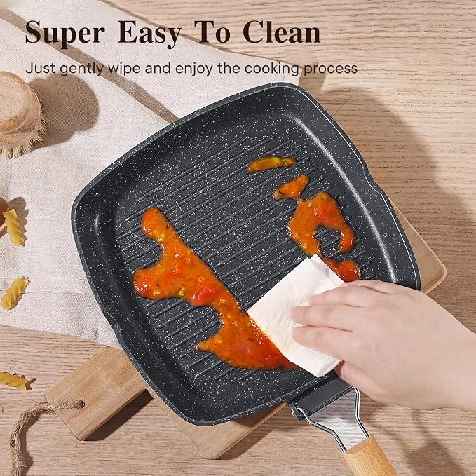 GiPP Nonstick Grill Pan with Folding Handle,Square Grill Skillet, Grilling Pan with Pour Spouts, Versatile Griddle Steak Pan for All Stove,PFOA Free, 9.5 Inch