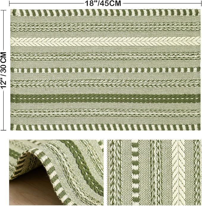 Artoid Mode Army Green Farmhouse Woven Braided Stripe Placemats Set of 6,12x18 Inch Seasonal Holiday Table Mats Party Kitchen Dining Decoration