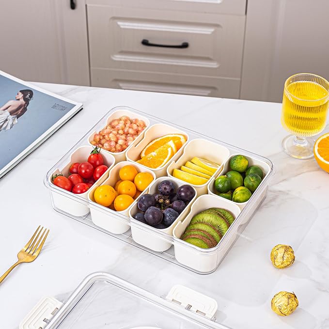 Dingerjar Divided Serving Tray with Lid and Handle - Divided Snack Tray for Portable Snack Platters - Clear Organizer for Candy, Fruits, Nuts, Snacks - Perfect for Party, Entertaining，2 pcs