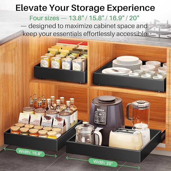 2Pack Pull out Cabinet Organizer, 21"Deep, 20"Wide Full-extension Heavy Duty Slide out Drawers Fixed with Adhesive Nano, Roll Out Shelves Sliding Cabinet for Kitchen,Bathroom,Pantry,Under Sink(Black)