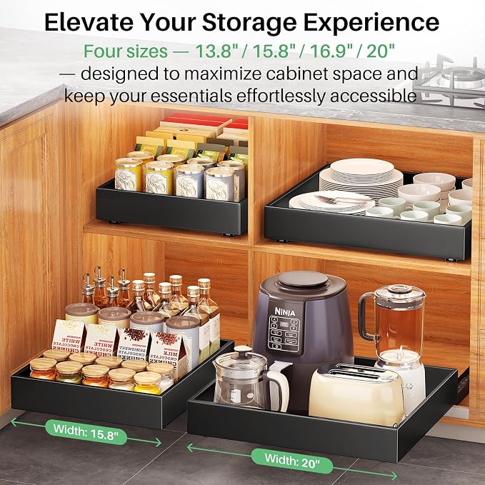 2Pack Pull out Cabinet Organizer, 21"Deep, Heavy Duty Full-extension Slide out Drawers for Kitchen Cabinet, Roll out Shelf Storage with Nano Adhesive for Pots,12"W x 21"D x 3.1"H, Black