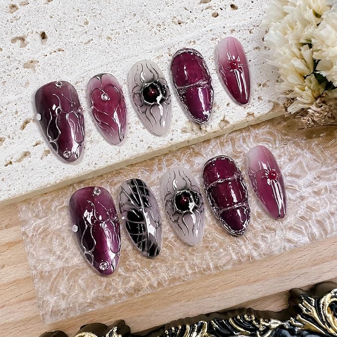 30Pcs Gothic Press On Nails Dark Red Gradient Fake Nails with Spider Rhinestones Designs Medium Almond Goth Acrylic Nails Chrome Line Stick On Nails for Women Halloween Party Reusable False Nails