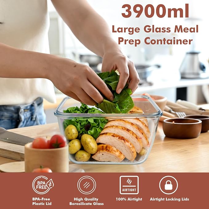 Razab 17 Cups / 132 Oz / 3900ml Large Glass Food Storage Containers with Lids - Leakproof, BPA-Free Large Meal Prep Container Ideal for Roasting Turkey, Store Leftover - Microwave & Oven Safe